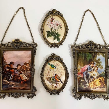 Vintage Oval Framed Flowers Square Birds Set of 4 Ornate Frames Mirrors Made in Italy Art Nouveau Elegant Frame Glass Floral 1970s 1980s 