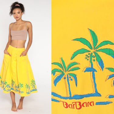 Tropical Palm Tree Skirt 00s Yellow Barbara Button Up Midi Skirt High Waist Hippie Festival Summer Vintage Y2K Pocket Casual Medium 