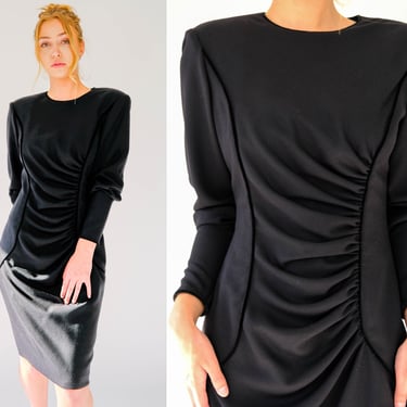 Vintage 80s Ungaro Paralelle Paris Black Broad Shoulder Rouged Sheath Dress | Made in Italy | 100% Wool | 1980s Ungaro Designer Power Dress 