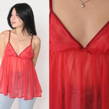 Sheer Red Lingerie Top Y2K Victoria's Secret Babydoll Camisole Floral Lace Tank Top Spaghetti Strap Sleep Shirt Sexy Cami Vintage 00s Small 