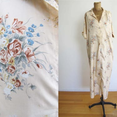Vintage 70s Cream Beige Floral Silky Sack Maxi Dress M L - 1970s Cottagecore Romantic Long Cocoon Dress 