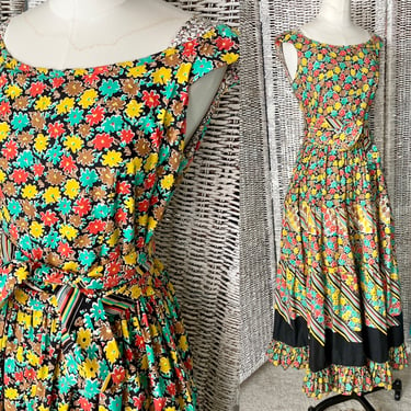 Vintage 70s Sundress, Victor Costa, Fab Print, Super Full Circle Skirt, Midi Maxi, Bateau, Hippie Boho 