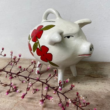 Vintage Central American Piggy Bank, White Pig With Red Flowers, Pottery, Hand Made In Guatemala, Anthropomorphic Pig 