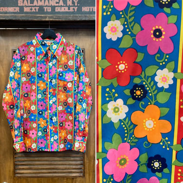 Vintage 1960’s Hippie Disco Flower Power Nylon Psychedelic Pop Art Acid Trip Shirt, 60’s Vintage Clothing 