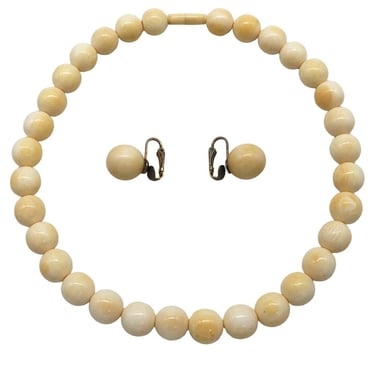 Flapper Era Bone Beaded Necklace Choker w/ Matching Clip-on Earrings 