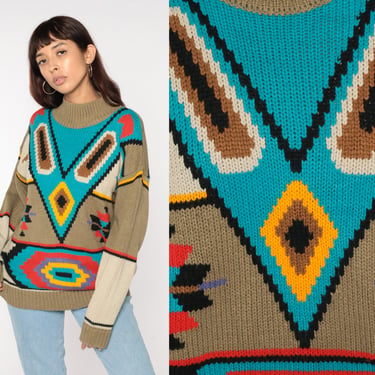 Southwestern Turtleneck Sweater 80s Knit Navajo Style Sweater Geometric Print Pullover Bohemian Vintage Tan Turquoise Striped 1980s Medium M 