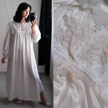Vintage 60s CHRISTIAN DIOR for Neiman Marcus Pearl Silk & Lace Nightgown w/ Floral Embroidered Ribbon Lace Bib | 100% Silk | 1960s Dior Gown 