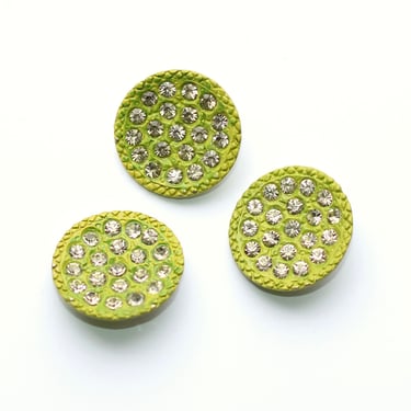 Lime Green Diamanté Disc Buttons with Etched Border - Stamped Brass - Matching Set of Three 