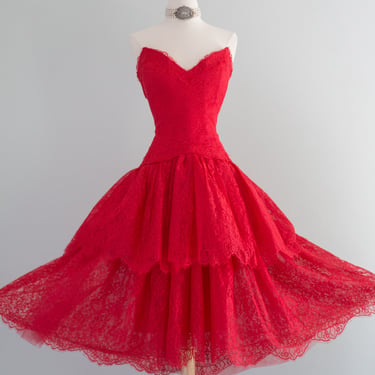Fabulous Vintage Victor Costa Red Lace Party Dress / Medium