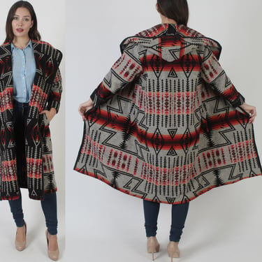 Southwestern Wool Blanket Jacket, Oversized Native American Rancher Coat, Vintage 80's Unisex Deep Hooded Duster 