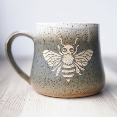 Bee Mug - Introvert Collection Rustic Handmade Pottery in Stormy Blue-Gray 