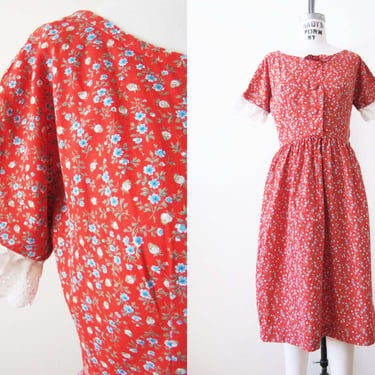 Vintage 60s Red Blue Dainty Strawberry Floral Cotton Dress S - 1960s Twee Eyelet Lace Feminine Rockabilly Sundress 