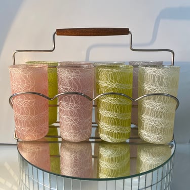 Set of 8 Color Craft Rubber coated Spaghetti String Tumblers with Caddy | 1950s Drinkware | Shat-R-Pruf glassware 