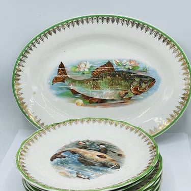 Antique Homer Laughlin Large Fish Platter and matching Plates D. E. Mc Nicol- 1890- 1910 