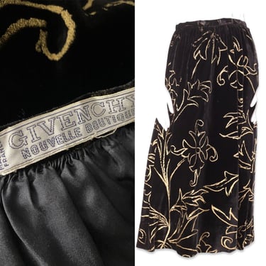 70s GIVENCHY hand painted velvet couture skirt 25", vintage 1970s designer mid calf evening skirt w/ hem tape S 
