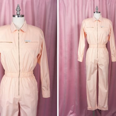 Amazing 80s Saint Germain Peachy Pink Cotton Jumpsuit with Gold Zippers and Many Pockets! 