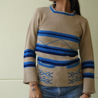 Vintage 70s Sweater / Printed Knit Tunic with Pockets / Bohemian Knit / Woodstock Top / Blue and Beige 