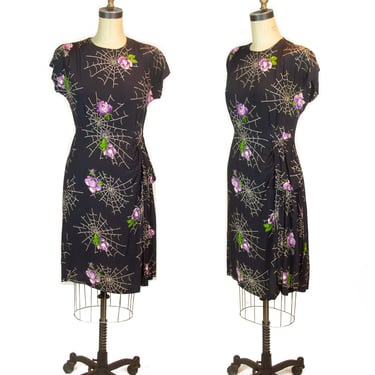 1940s Dress ~ Rayon Spiderweb and Purple Roses Dress 