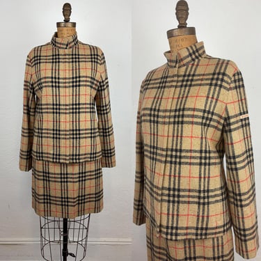 Future Vintage Y2K Burberry Golf Check Wool Tweed Skirt and Jacket Suit Mint Condition S 