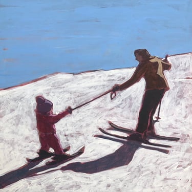 Skiers #7  |  Original Acrylic Painting on Canvas, 20x 20, michael van, snow, mountain figurative, landscape, skiing, winter, woman, child 