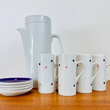 Unusual LaGardo Tackett heart demitasse set / 6 espresso cups and 4 purple saucers / sweetheart Valentine's set 