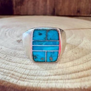 OPEN OCEAN Turquoise & Sterling Geometric Inlay Ring Mens | Native American Handmade Sterling Silver | Southwestern Jewelry | Size 11, 12 