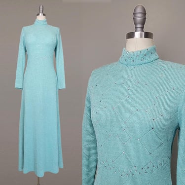 1970s Turquoise Dress / Lurex Dress / Blue Evening Dress / Knit Maxi Dress / Disco Dress / Studio 54 Dress / Size Extra Large- XL 