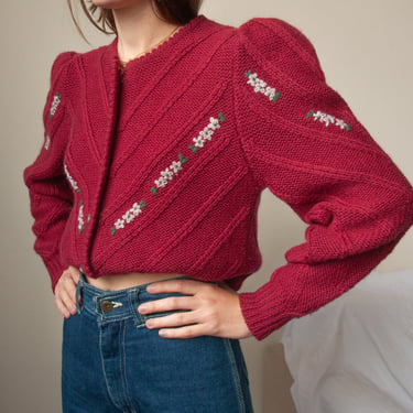 6668t / burgundy wool puff sleeve cardigan sweater / m 