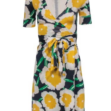 Diane von Furstenberg - Navy, White, Yellow & Green Floral Print Silk Wrap Dress Sz 0