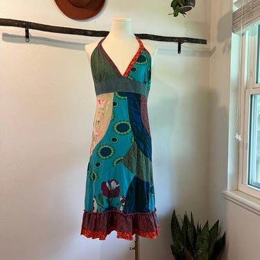 Desigual Cotton Multi Colored Embroidered Halter Strap Mini Dress Size Large 