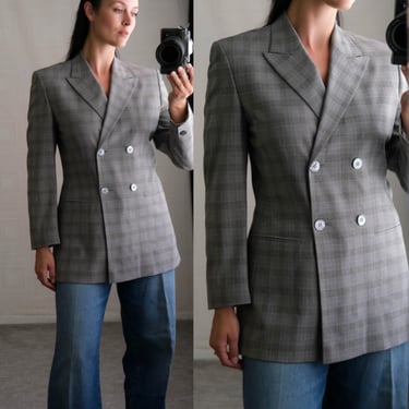 Vintage 90s MONDI Glen Plaid Notched Peak Lapel Blazer in Grey, Black & Light Blue | Prince of Wales check | 1990s Designer Wool Jacket 