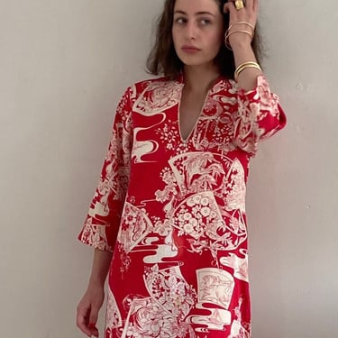 50s barkcloth maxi dress / vintage red cotton butterfly print Asian souvenir handmade house lounge collared shirt midi dress | Small 