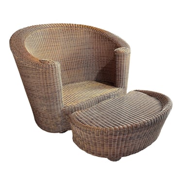 Early 21st Century Coastal Boho Vintage Wicker Barrel-Back Privacy Lounge Chair + Ottoman - Two Piece Set 