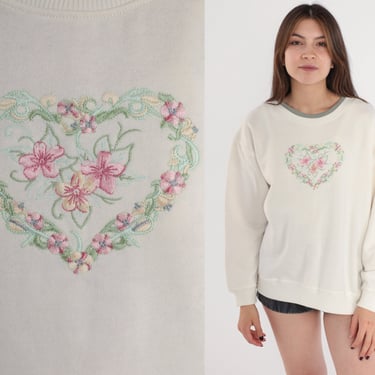 Floral Heart Sweatshirt 90s Cream Embroidered Grandma Sweater Flower Print Pullover Retro Cozy Cute Spring Top Vintage 1990s Large xl 