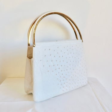 1960's Large White Ostrich Leather Structured Purse Gold Metal Clasp and Hardware Top Handle 60's Mod Handbags Rendl Original 