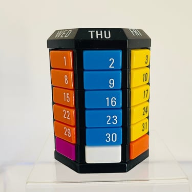 Vintage 1970s Pop Art Post Modern Rainbow Plastic Cube Geometric Office Desk Perpetual Calendar Pencil Pen Cup 