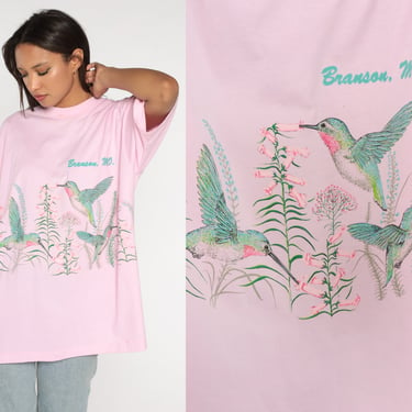 Hummingbird T Shirt 90s Branson Missouri Tshirt Bird Shirt Floral Garden Shirt Baby Pink Vintage T Shirt 1990s Gardening Graphic xxl 2xl 