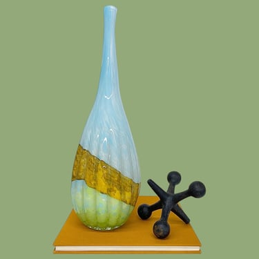 Vintage Art Glass Vase Retro 2000s Y2K + Handblown + Skinny Neck + Ribbed Body + Blue/Brown/Green Colors + Home Decor + Modern Decoration 