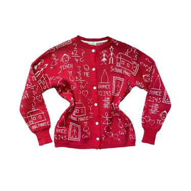 40s "School Daze" Wool Cardigan / 1940s Vintage Red Novelty Print Jantzen Knit Button Up Sweater / Medium to Large 