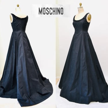 Vintage Moschino Black Evening Ball Gown Size Medium Black Silk Beaded Evening Gown Dress Sleeveless Conservative Dress Moschino 