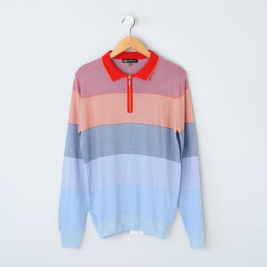 VIntage 90s Red, Orange & Blue Striped Zip-Collar Light Sweater - oversized, colorblock, polo collar - Men's M 