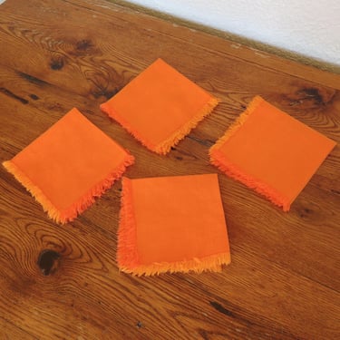 Vintage Orange Cloth Linen Cotton Napkins Set of 4 Fringe Two-tone 