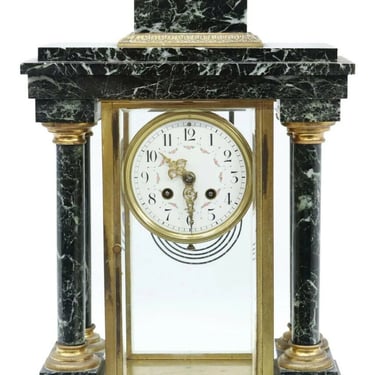 Clock, Portico, French Empire Style Green Marble, Gilt Metal Eagle, Late 1800's!