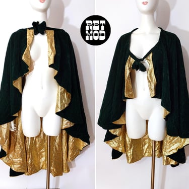 Fantastic Vintage 70s Dark Green Velvet & Gold Lurex Sparkle Large Cape 