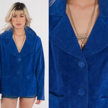Royal Blue Suede Jacket 00s Chicos Leather Jacket Vintage Y2K Button Up Jewel Tone V Neck Fall Jacket Bohemian Oversized Extra Small xs 