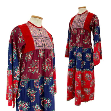 Vtg Vintage 1970s 70s 1960s 60s Red Velvet Textile Bibbed Boho Floral Midi Dress 