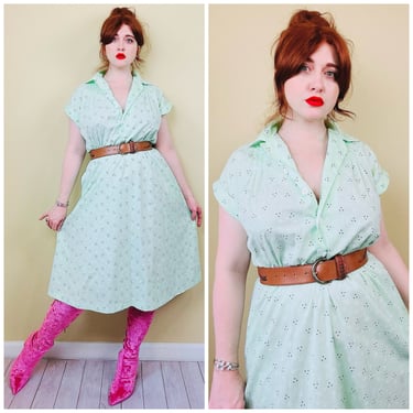 1980s Vintage Blair Mint Green Eyelet Print Dress / 80s Poly Cotton Short Sleeve Seafoam Dress / Size Large 