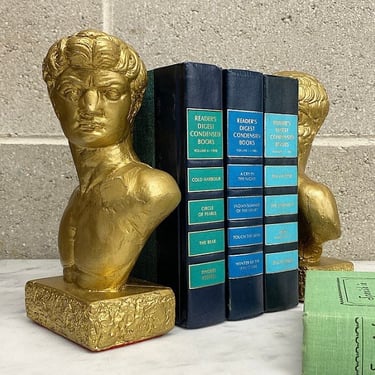 Vintage Bookends Retro 1960s Mid Century Modern + David + Gold Ceramic + Stone Base + Book Storage or Display + Home Library + Office Decor 