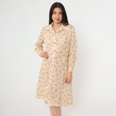 Vintage Floral Print Dress 70s Cream Midi Button Up Dress Tan Utility Pocket Dagger Collar Fitted Waist Long Sleeve Retro 1970s Large 12 
