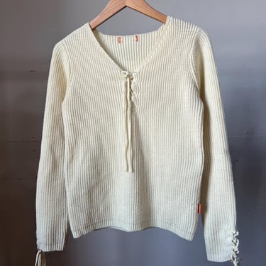 Sm Med, Vintage Adesso Lace Up Knit Sweater, Cream, S3 